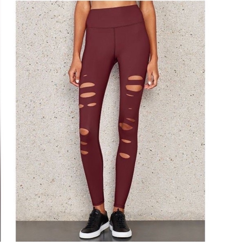 Alo Yoga Warrior High Waisted Ripped Leggings Maroon Red